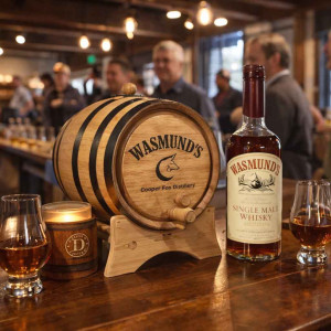 Custom engraved oak aging barrel with Wasmund’s whiskey bottle and tasting glasses displayed in a busy distillery tasting room, showcasing a premium barrel program used by distilleries to secure back bar placement, promote branded cocktails, and enhance on-premise marketing experiences